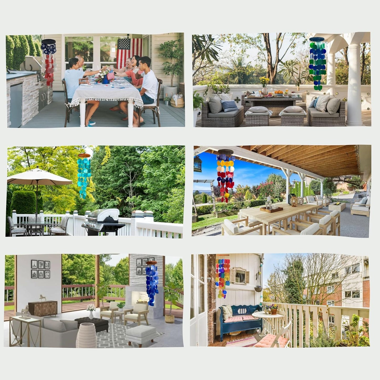 Bellaa 22906 Wind Chimes Outdoor, Garden Decorations, Musical, Indoor/Outside Windchimes, Beach, Ocean Breeze, Gifts for Mom, Gift for All Occasions, Capiz Sea Glass Shells Wood White Blue Green