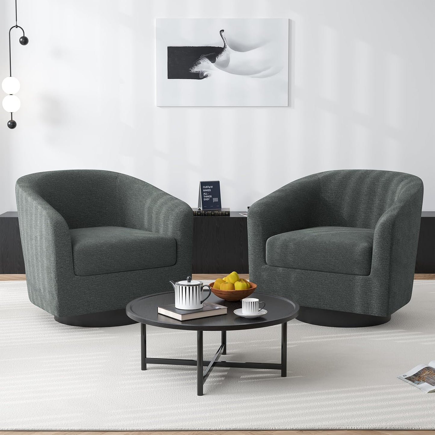 Swivel Barrel Accent Chair, Modern Round Chenille Fabric Arm Chair for Living Room, Bedroom, Comfy Club Reading Chairs for Adults（Chenille Fabric, Grey, Set of 2
