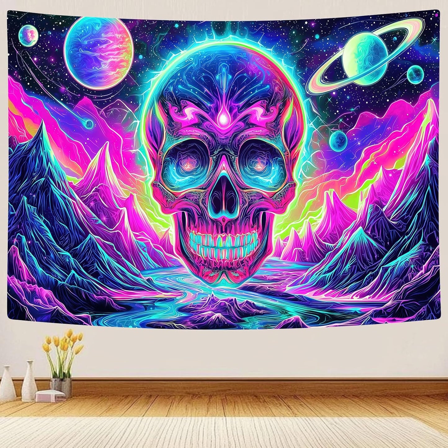 Blacklight Skull Tapestry, UV Reactive Gothic Skeleton Mountain Galaxy Planet Wall Hanging Tapestries, Glow in the Dark Horror Face Halloween Aesthetic Poster for Bedroom Living Room Decor 90X70IN