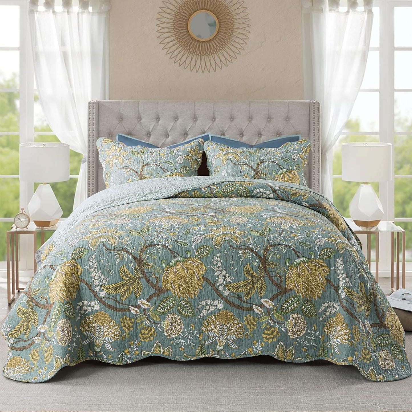 NEWLAKE Cotton Bedspread Quilt Sets-Reversible Patchwork Coverlet Set, Green Floral Pattern, Queen Size