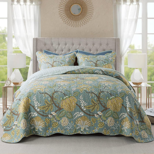 NEWLAKE Cotton Bedspread Quilt Sets-Reversible Patchwork Coverlet Set, Green Floral Pattern, Queen Size