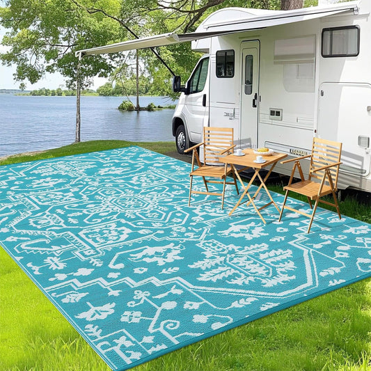 Outdoor Rug 9x12 Waterproof Reversible Plastic Straw Patio Rug, Stain-Resistant Vintage Medallion Carpet, Large Easy-Cleaning Indoor Outdoor RV Mat for Deck, Camping, Balcony, Light Blue/White