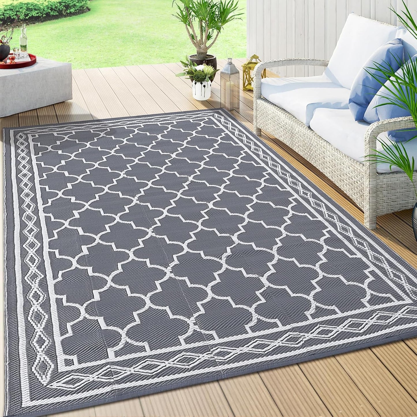 GAOMON Outdoor Rugs Patio Camping Waterproof Rug 6'x9' Plastic Straw Patio Rug Portable for Campers, Outside RVs Mat for Patios Clearance, Backyard Porch, Balcony, Grey/White(Geometric)