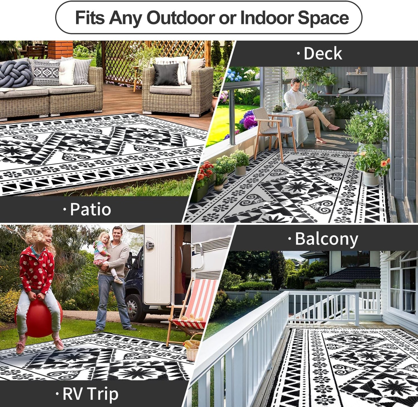 Waterproof Outdoor Rug 8x10ft, Reversible Plastic Straw Mat Rugs for Patio RV Deck Porch Backyard Balcony Camping Picnic Beach Indoor Outdoor Carpet, Black&White