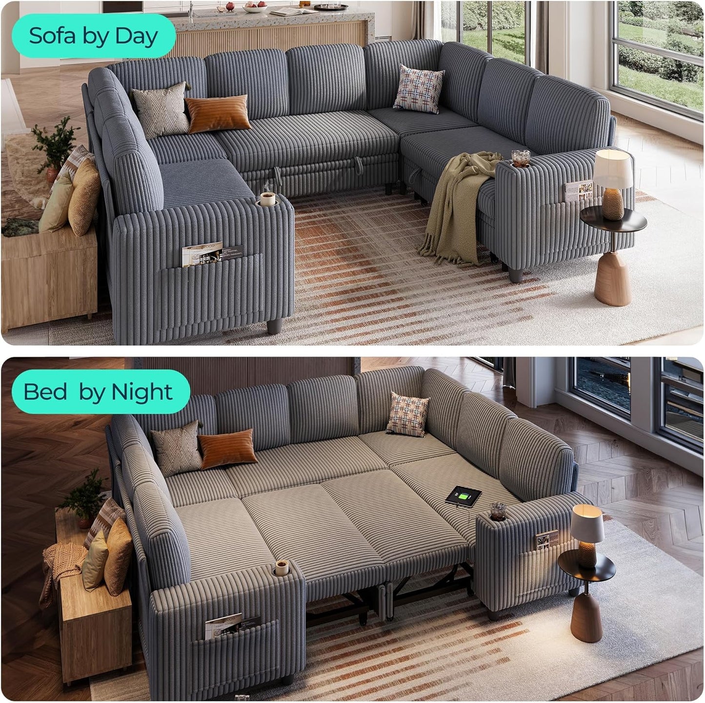 LINSY HOME Sectional Sleeper Sofa with Pull Out Couch Bed - Convertible Plush Corduroy Cloud Couch with Storage Chaise & USB Charging, Comfy Modular Couches for Living Room, Grey