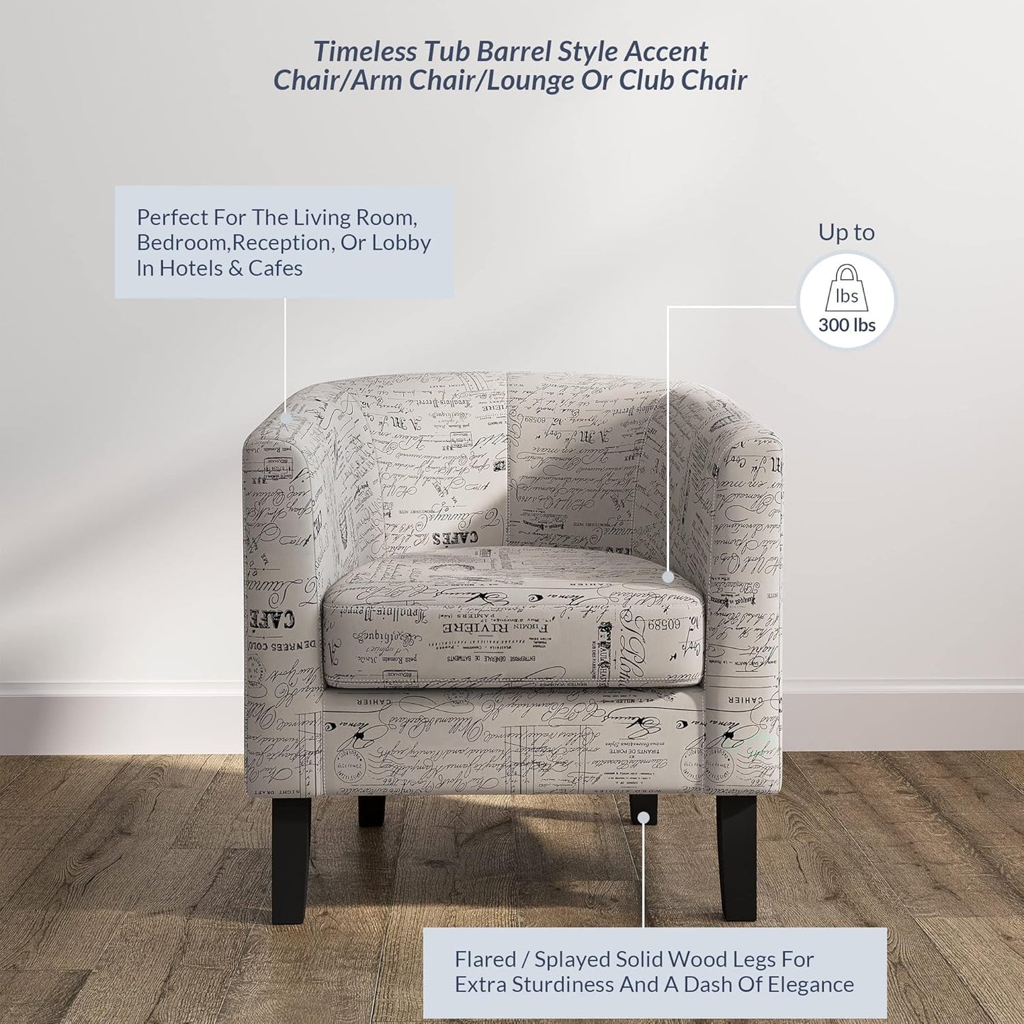 BELLEZE Accent Barrel Chair Set of 2, Linen Round Chair Club Tub Sofa Corner Chair with Flared Legs and Cozy Soft Padding for Living Room Bedroom Waiting Room - Black & Beige