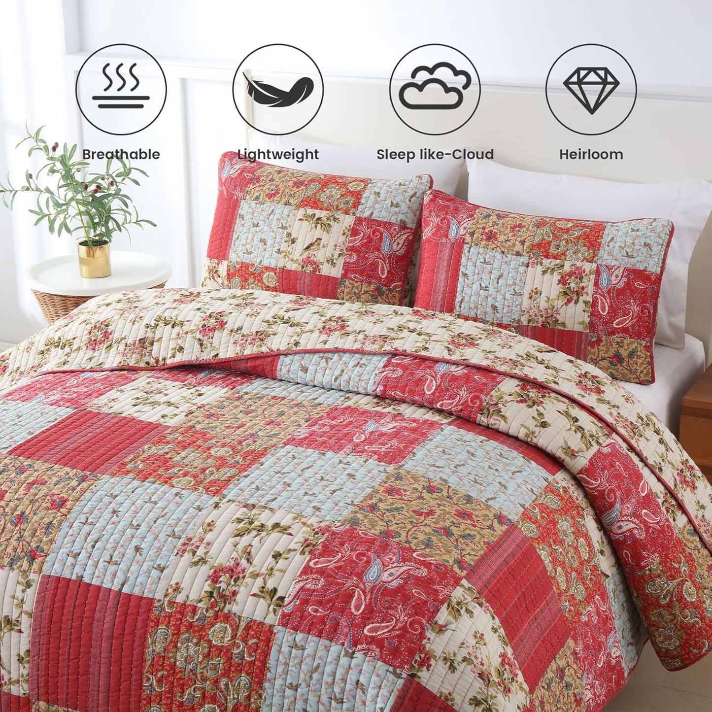 Secgo King Size Comforter Set- 100% Cotton Quilt King Size Set, Green, Sage bedspreads (96 * 108 Inch) with 2 Pillow Shams, Patchwork Reversible Lightweight Bedding