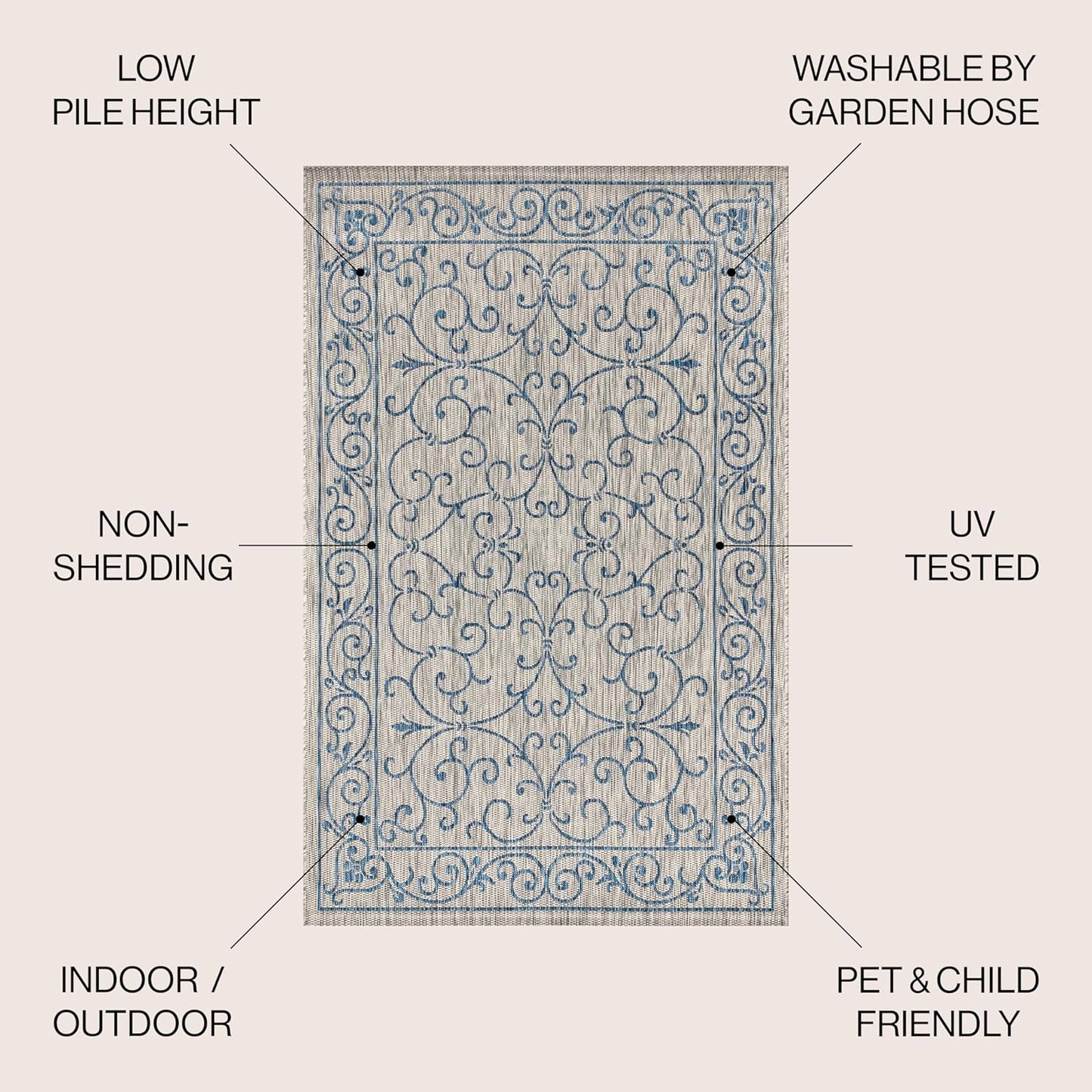 JONATHAN Y Vintage Filigree Indoor Outdoor Area Rug 8X10 Gray/Navy, Charleston Textured Weave for Backyard, Patio, Porch, Easy-Cleaning, High Traffic, Pet-Friendly, Non-Shedding (SMB106C-8)