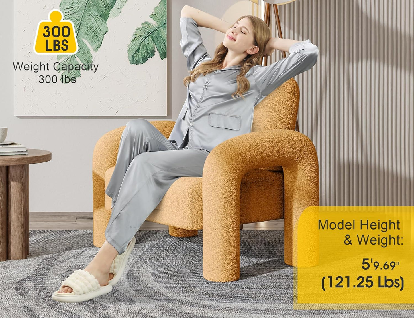 Modern Sherpa Accent Chair, Teddy Upholstered Arm Single Sofa, Cozy Fluffy Reading Chair for Living Room, Bedrooms, Corner (Yellow)