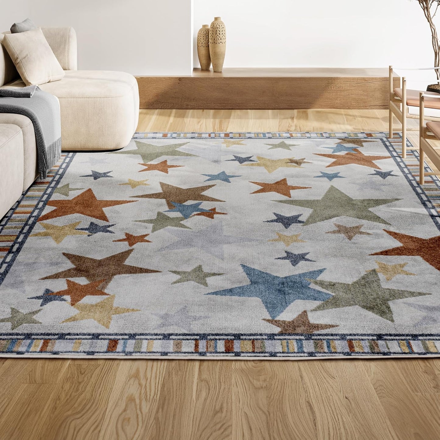 JONATHAN Y Machine-Washable Ivory/Blue/Orange Indoor Area Rug, 8x10, Star Gazer Geometric, Border, Kids & Novelty, Classic, Bedroom, Kitchen, Living Room, Easy-Cleaning, Non-Shedding (KDW100A-8)