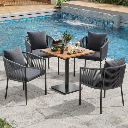 Soohow 5 Pieces Outdoor Dining Set for 4, Patio Table and Chairs Set 4 X Rattan Wicker Patio Chair with Cushions and 1 X Outdoor Table Plastic Wooden Top for Lawn, Deck Backyard, Poolside