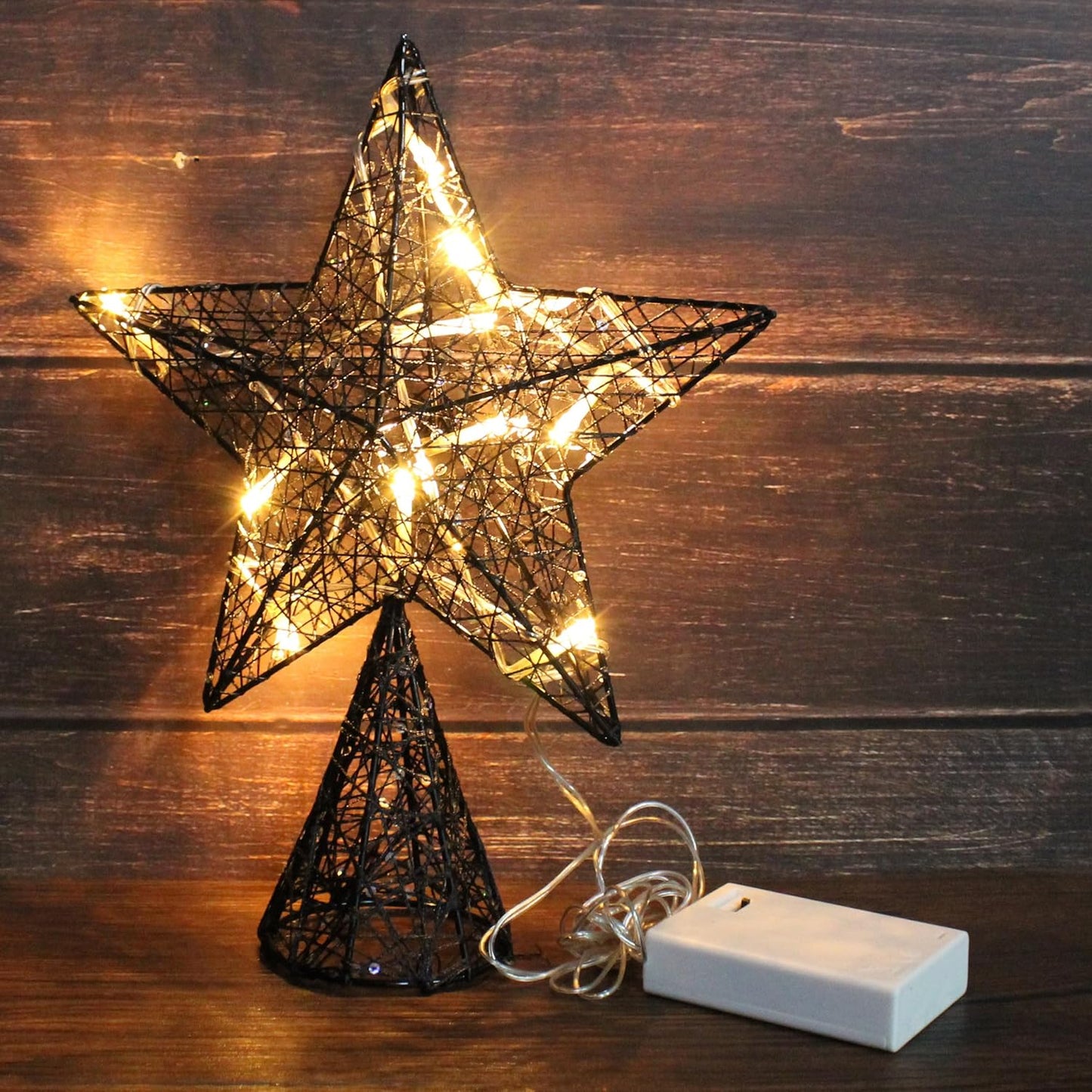 CVHOMEDECO. Black Tree Top Star with Warm White LED Lights and Timer for Christmas Tree Toppper Ornaments and Holiday Seasonal Décor, 8 x 10 Inch