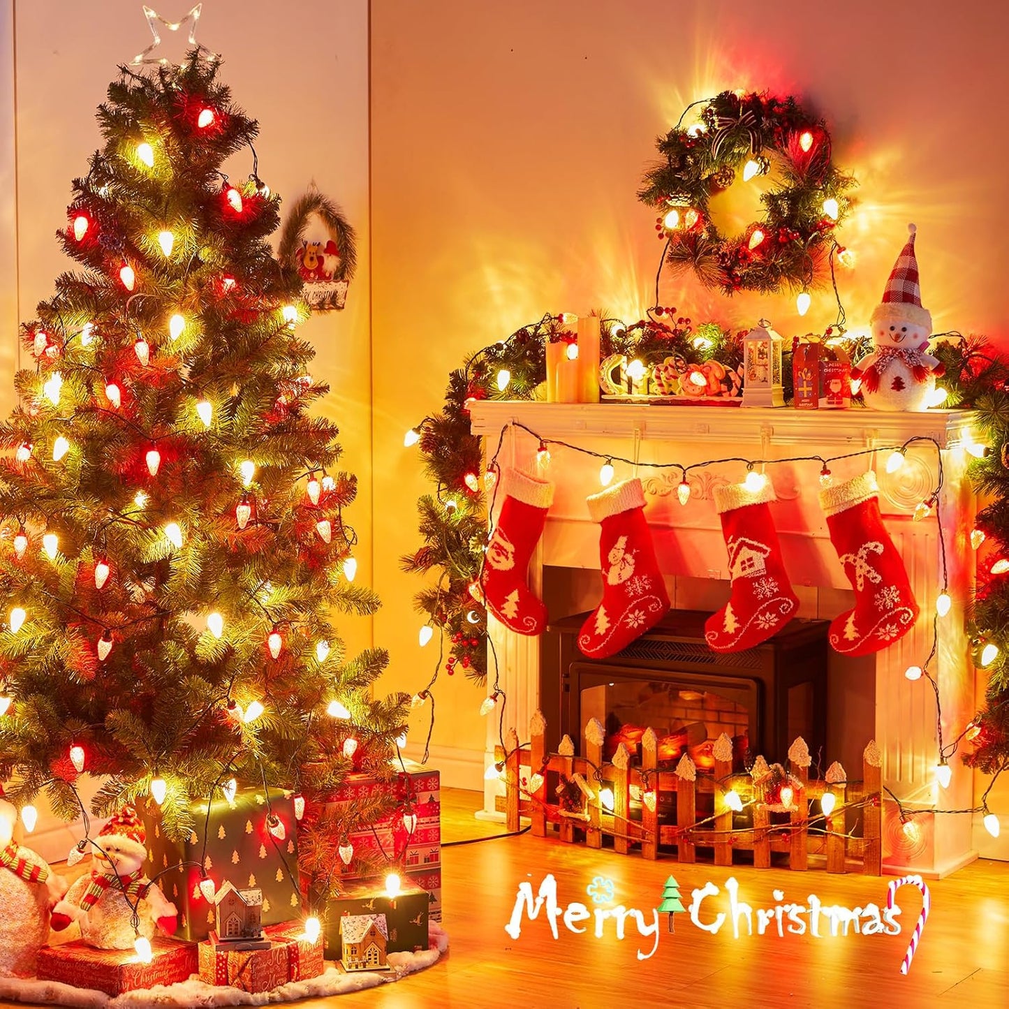 Brightown Red and Warm White C9 LED Christmas String Lights, 33ft 50 LED Waterproof Strawberry String Lights, Plug-in Extendable Green Wire Lights String for Outdoor Indoor Patio Party Decoration