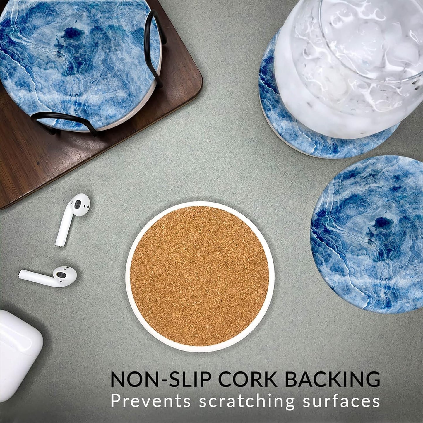 Emerson Coasters for Drinks Absorbent – Natural Stone Drink Coasters Set with Holder, Coasters for Coffee Table, Wooden Tabletop Protection Marble Style – 100% Heavy Duty Set of 6 (Glacier)