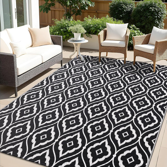 OLANLY Outdoor Rug 6x9 ft Waterproof, Outdoor Plastic Straw Rug with Geometric Pattern Clearance, Reversible RV Mat for Patio, Camping, Balcony, Deck, Backyard, Black & White