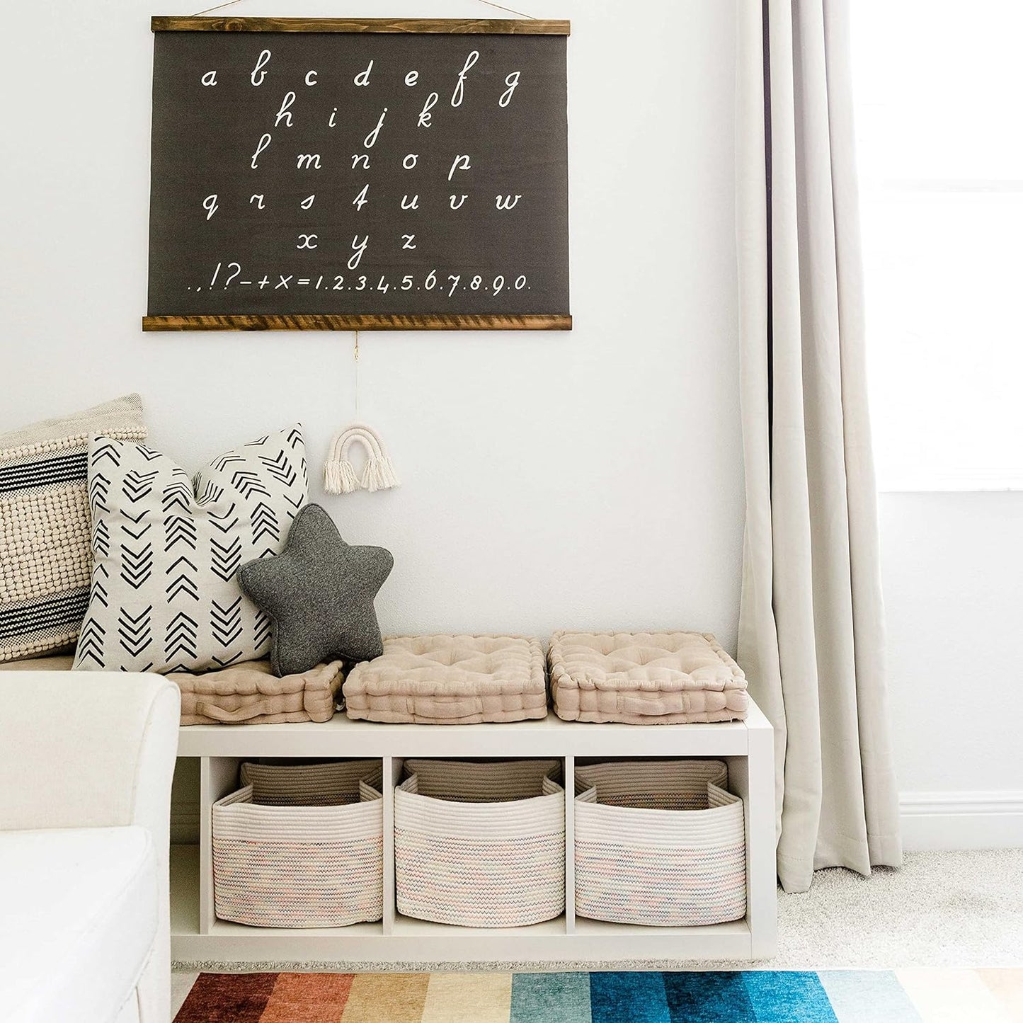 OrganiHaus Woven Storage Baskets for Organizing, Cotton Rope Organizer Bins for Shelves, Closet & Nursery, Dog Toy Basket, Decorative Bins for Toys, Towels & Books - 15x10x9, Rainbow Stitches