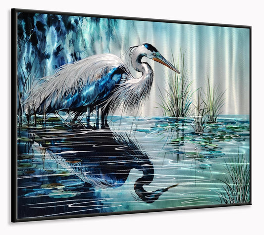 Yihui Arts Elegant Blue and Silver Heron Metal Wall Art for a Modern and Contemporary Home Decor Accent