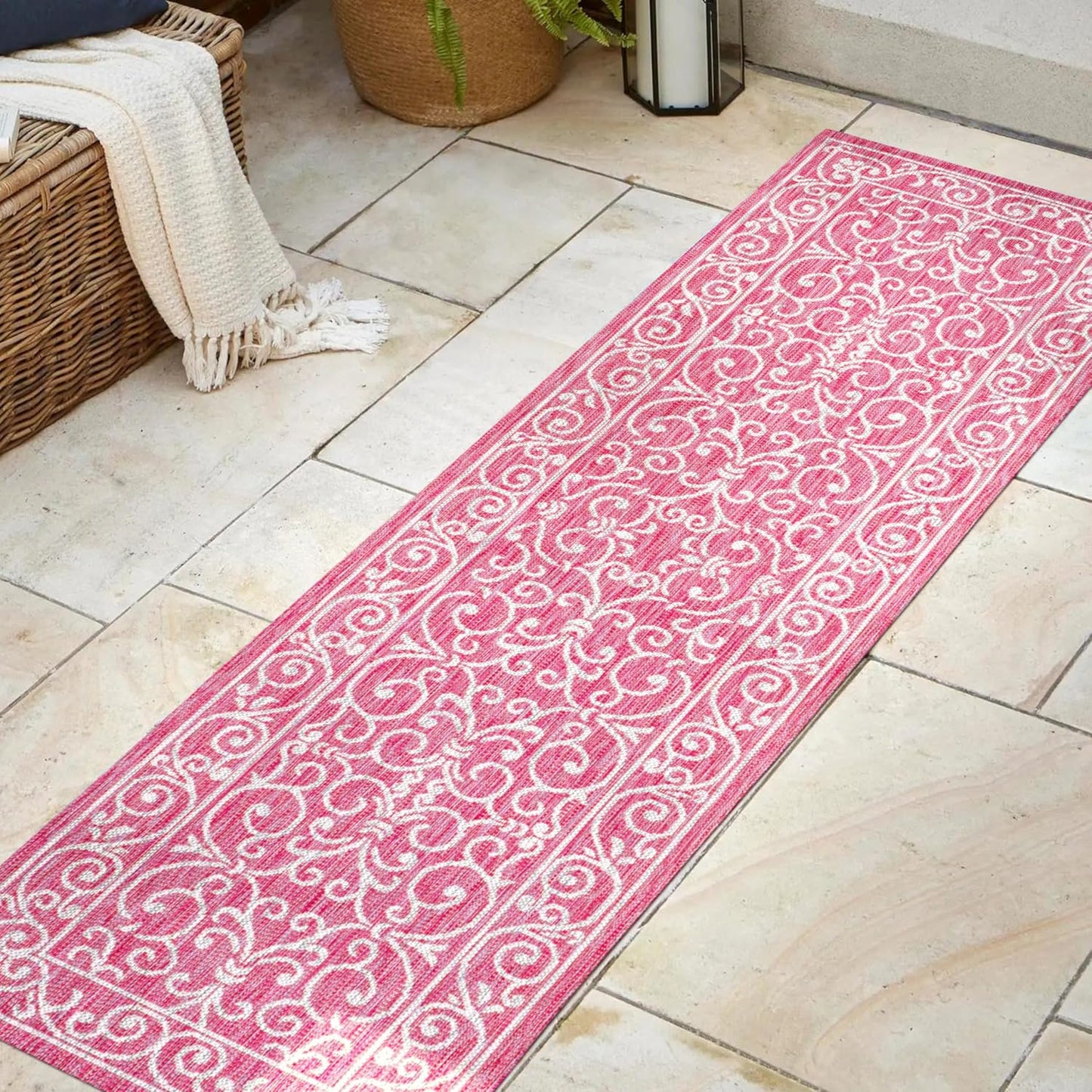 JONATHAN Y Vintage Filigree Indoor Outdoor Runner Rug 2X8 Fuchsia/Light Gray, Charleston Textured Weave for Backyard, Patio, Porch, Easy-Cleaning, Pet-Friendly, Non-Shedding (SMB106J-28)