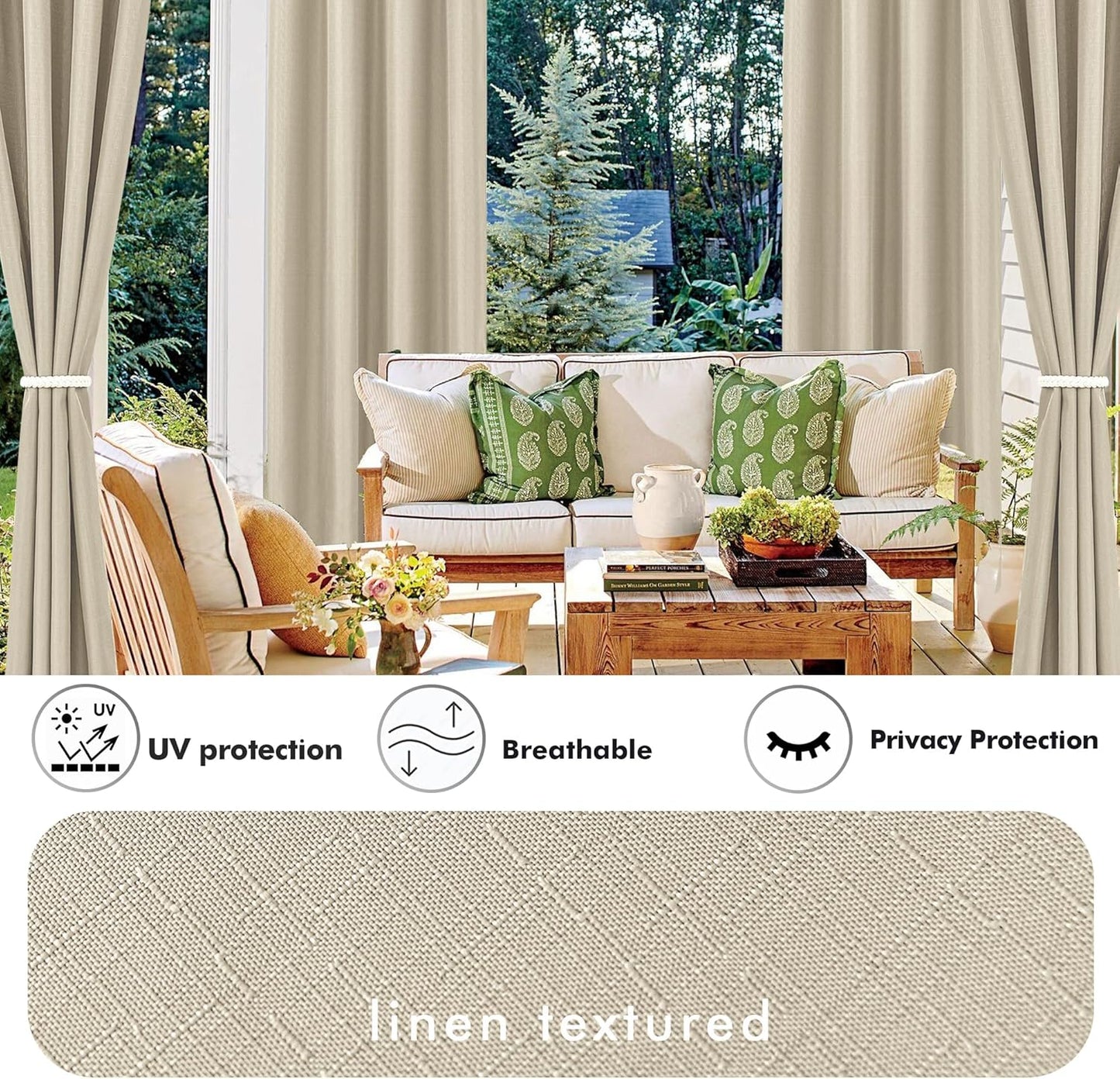 HolidayIdeas Linen Outdoor Curtains for Patio Waterproof 4 Panels Cream Outside Curtains 84 inch Length-Indoor/Outdoor Gazebo Wide Curtains Weatherproof, Privacy for Pergola, Porch, Cabana 110"x84"