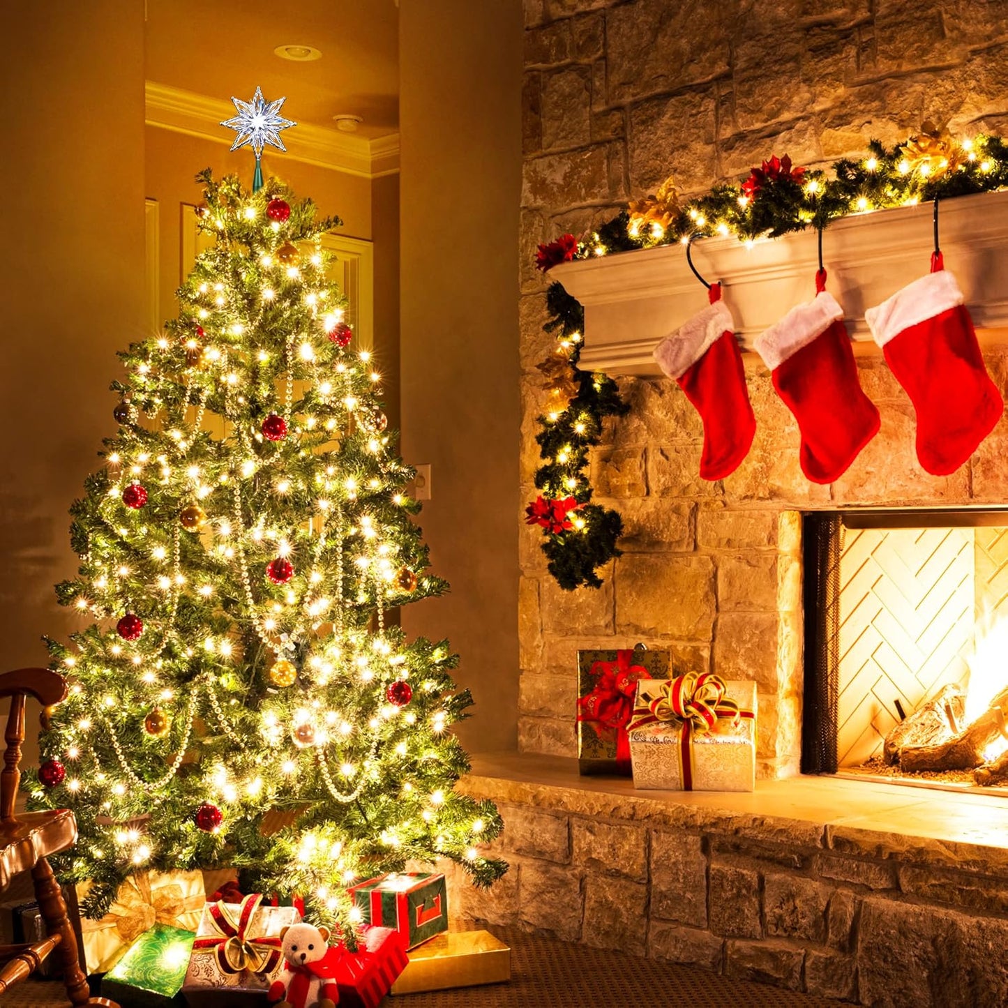 ODEETRONIC Christmas Tree Topper Star, 8in 120V UL Certified Double Sided 8-Point Star Christmas Treetop Lights, Indoor Lighted Christmas Tree Decorations for Xmas Home Party Wedding Decor, Cool White