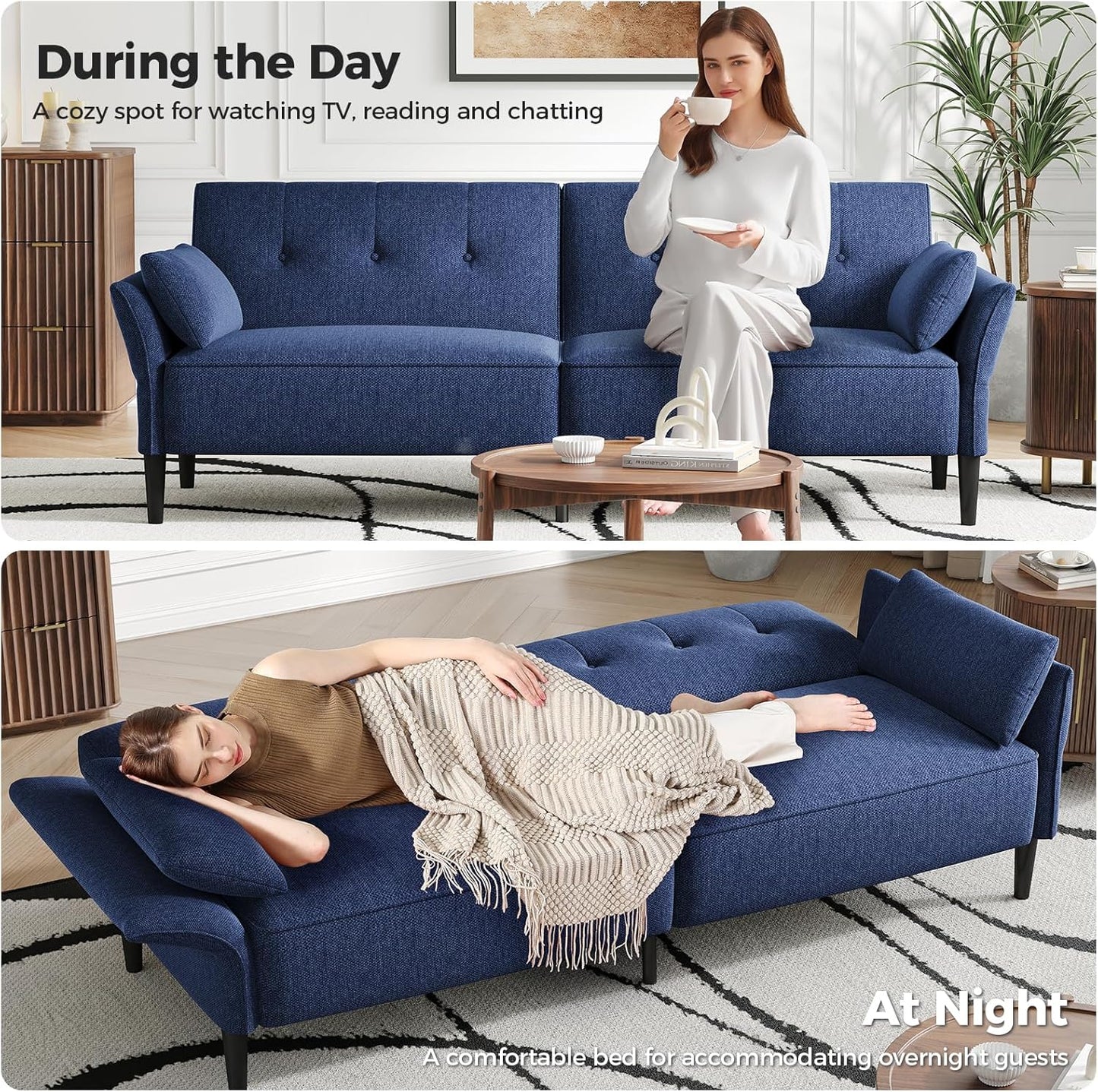 89” Futon Sofa Bed, Linen Comfy Futon Couch Bed with 2 Square Pillows, Convertible Sleeper Sofa with Adjustable Backrest& Armrests, Modern Loveseat Sleeper for Living Room, Bedroom, Blue