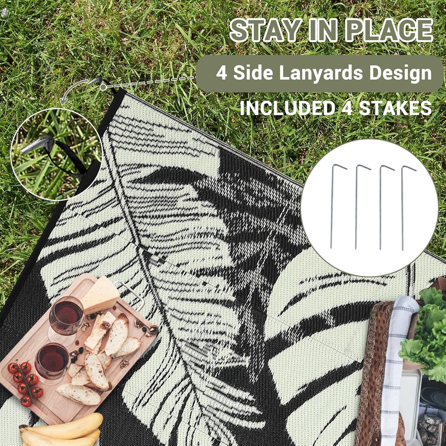 GAOMON Waterproof 8x10 Outdoor Rug Reversible Plastic Straw Rug Modern Patio Carpet, Foldable Lightweight RV Camping Mat with Portable Bag & 4 Stakes, UV Resistant & Sturdy for Picnic, Beige