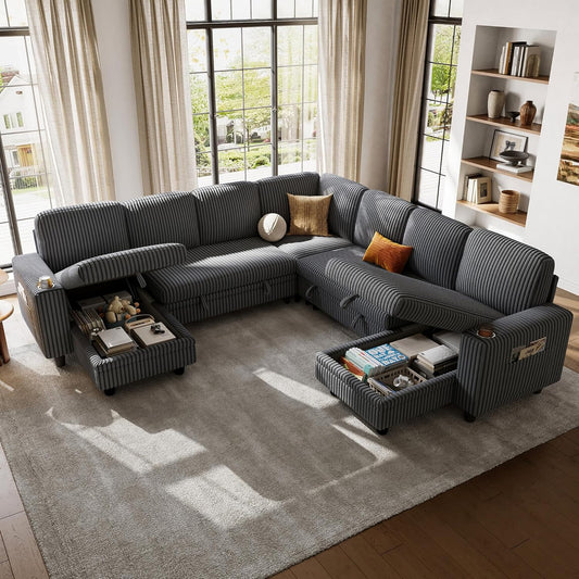 LINSY HOME Sectional Sleeper Sofa with Pull Out Couch Bed - Convertible Plush Corduroy Cloud Couch with Storage Chaise & USB Charging, Comfy Modular Couches for Living Room, Grey