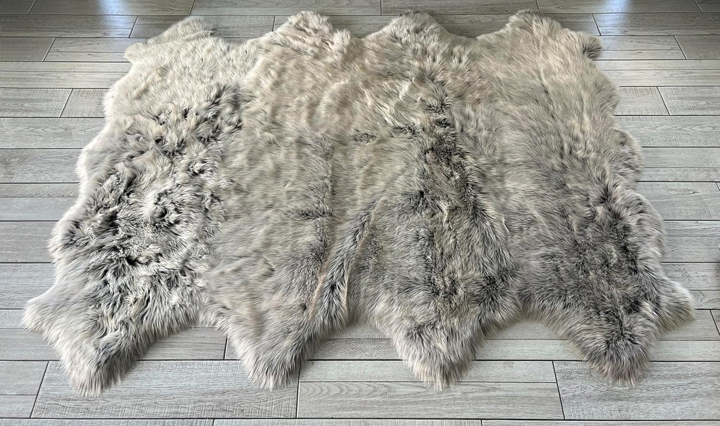 LAMBZY Faux Sheepskin Super Soft Hypoallergenic Free Shape Silky Shag Rug, Luxury Shaggy Silky Plush Carpet for Bedrooms Living Kids Room Sofa Rugs (Brown with Beige Tips, Octo 8 Pelts 6'x8')