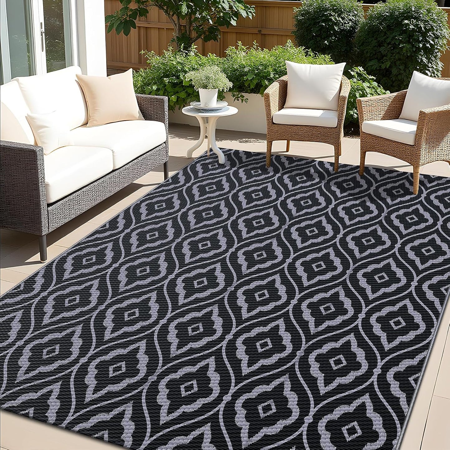 OLANLY Outdoor Rug 6x9 ft Waterproof, Outdoor Plastic Straw Rug with Geometric Pattern Clearance, Reversible RV Mat for Patio, Camping, Balcony, Deck, Backyard, Black & Grey