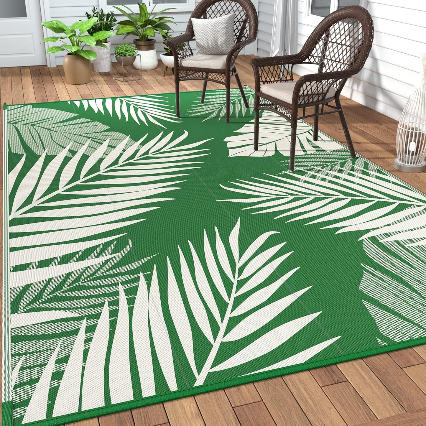 GENIMO Outdoor Rug 8' x 10' Waterproof for Patios Clearance, Reversible Outdoor Plastic Straw Camping Rug Carpet, Large Area Rugs Mats for RV, Picnic, Backyard, Deck, Balcony, Porch, Dark Green&White