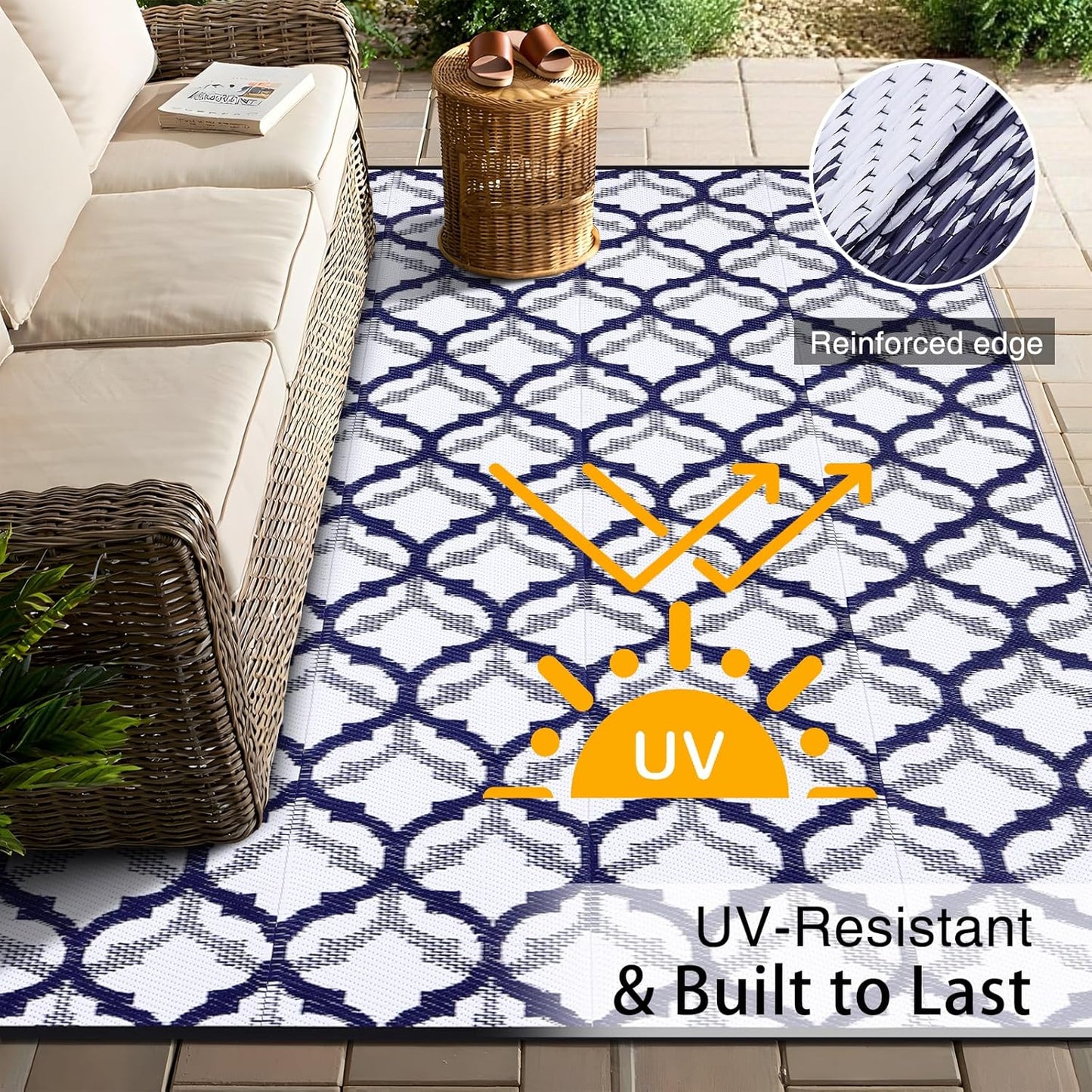 OLANLY Reversible Outdoor Rug 6x9 ft Clearance, Waterproof Outdoor Plastic Straw Rug with Interlacing Pattern, RV Mat for Patio, Camping, Balcony, Deck, Backyard, Navy & White