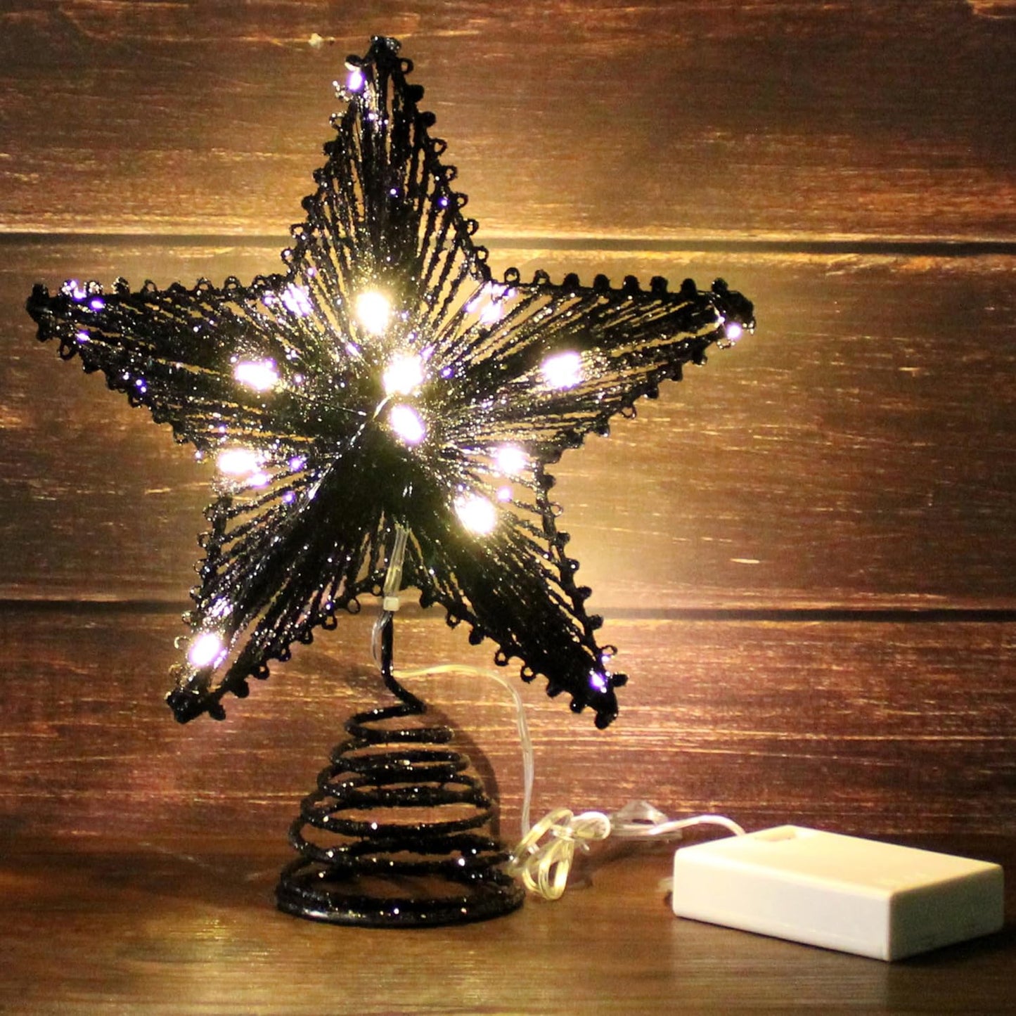 CVHOMEDECO. Tree Top Star with Warm White LED Lights and Timer for Christmas Ornaments and Holiday Seasonal Décor, 8-Inch (Black)