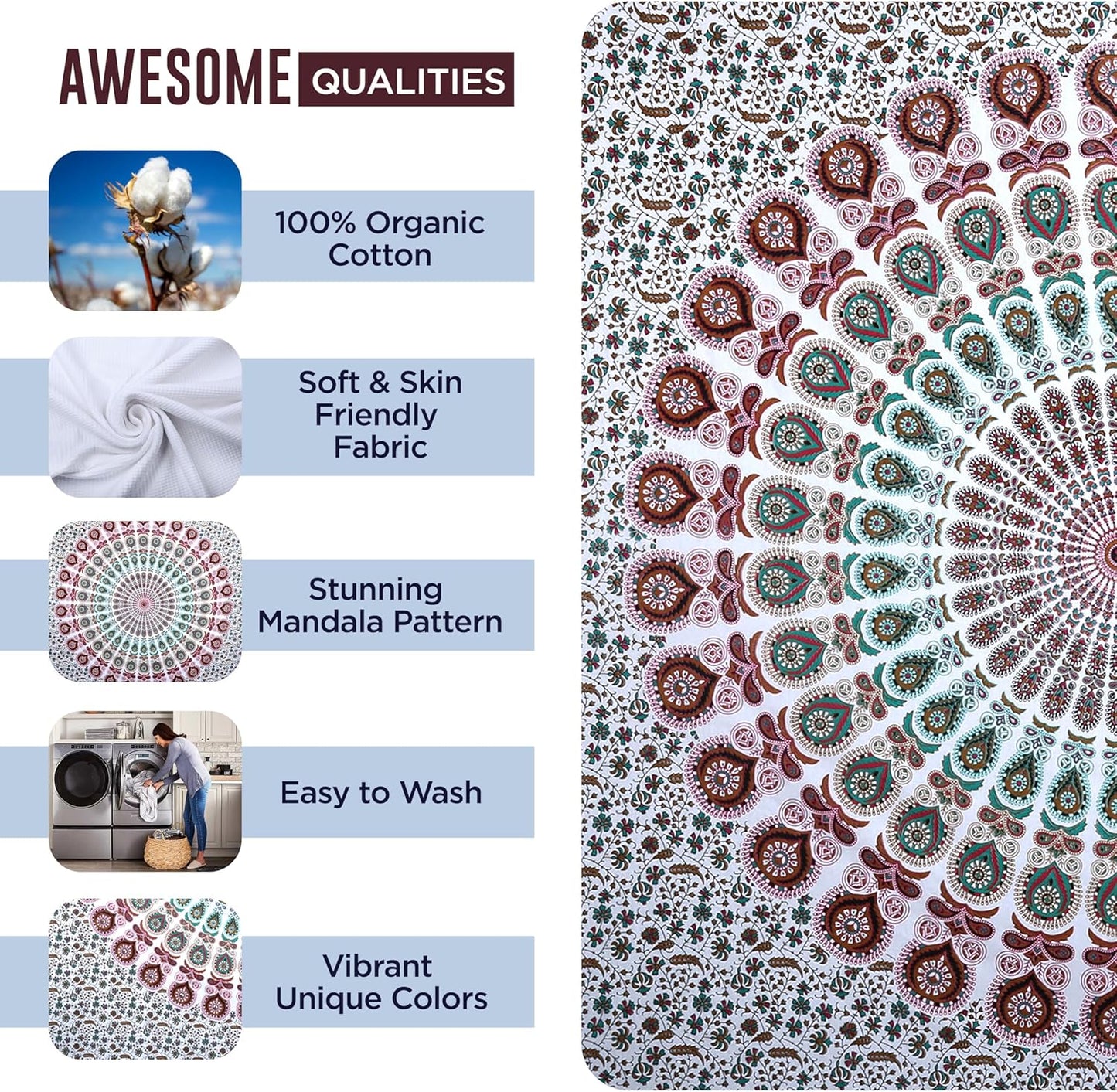 raajsee Mandala Tapestry Wall HANGINGS (White Brown Mandala, Queen 210 X 220 CMS)