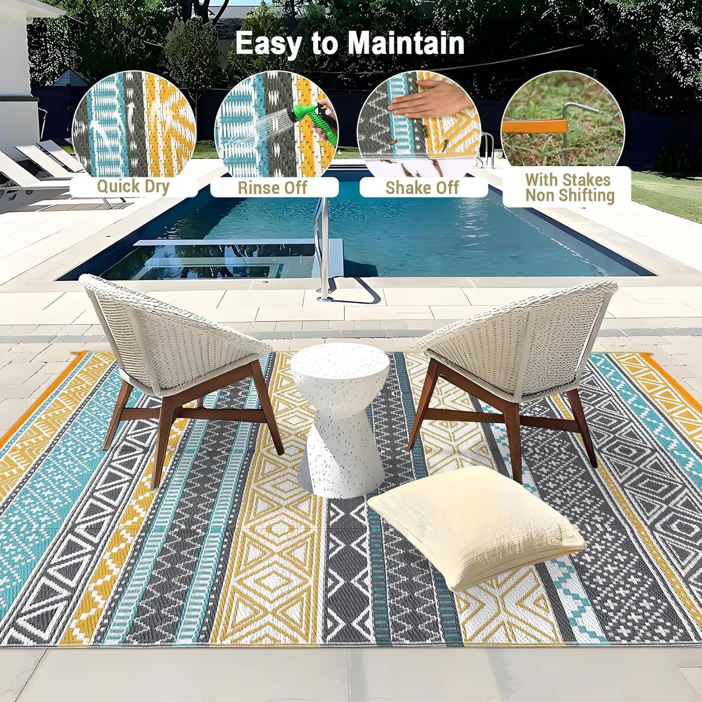 GAOMON Outdoor Rugs Patio Camping Waterproof Rug 6'x9' Plastic Straw Patio Rug Portable for Campers, Outside RVs Mat for Patios Clearance, Backyard Porch, Balcony, Teal/Yellow(Bohemia)