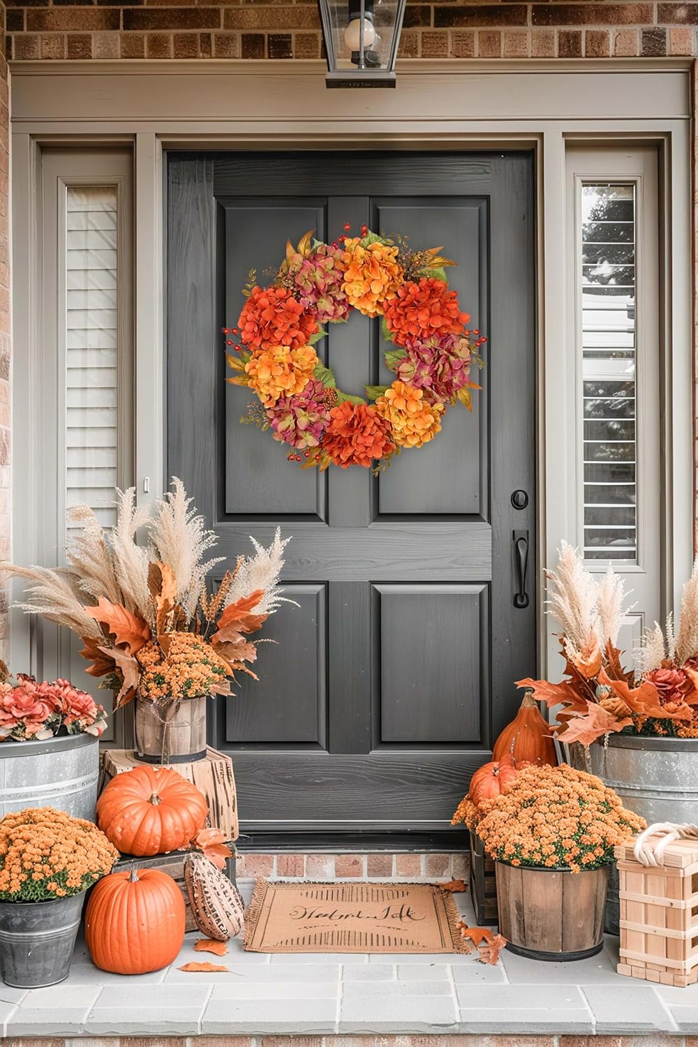 Artificial Fall Wreath for Front Door – 24 Inch Hydrangea Floral Wreath with Orange & Burgundy Flowers, Autumn Thanksgiving Door Décor