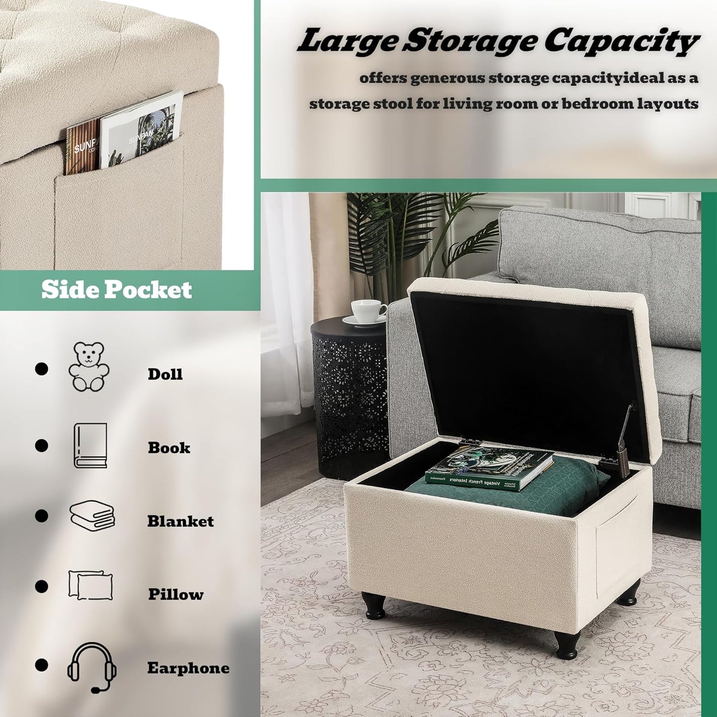 Ottoman with Storage 24'' Storage Ottomans Fabric Ottoman Footstools Small Upholstered Foot Rest Stool for Couch, Living Room, Bedroom, Entrance Shoe Bench Beige