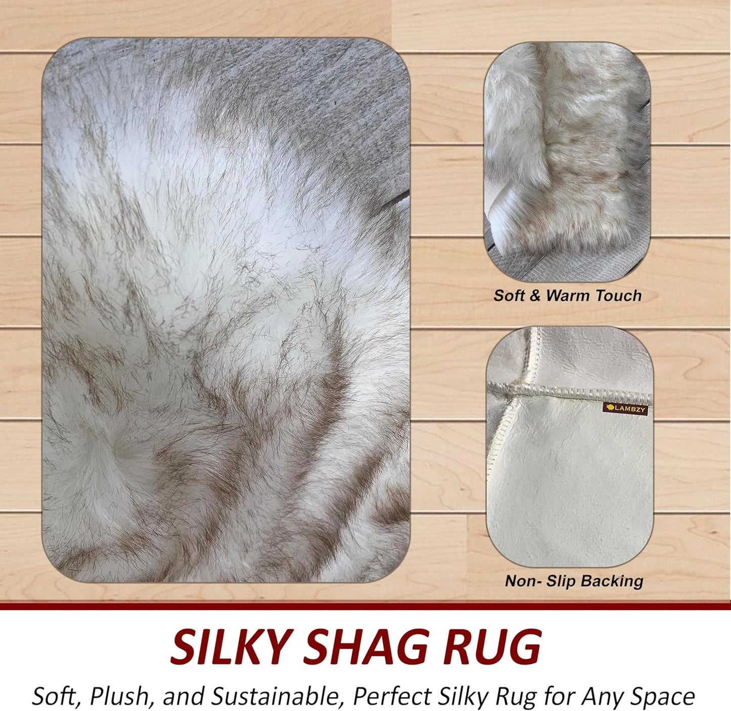 LAMBZY Faux Sheepskin Hypoallergenic Free Shape Shag Rug, Luxury Shaggy Silky Plush Carpet for Bedrooms Rugs Living Rooms Floor Rugs (Duo Decto 12 Pelts 6'x12', 180x360cm, White with Brown Tips)