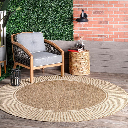 nuLOOM 6'7" Round Outdoor Area Rug, Casual Design With Striped Border, Stain Resistant, Highly Durable, For Patio, Balcony, Bedroom, Living Room, Dining Room, Bathroom, Light Brown