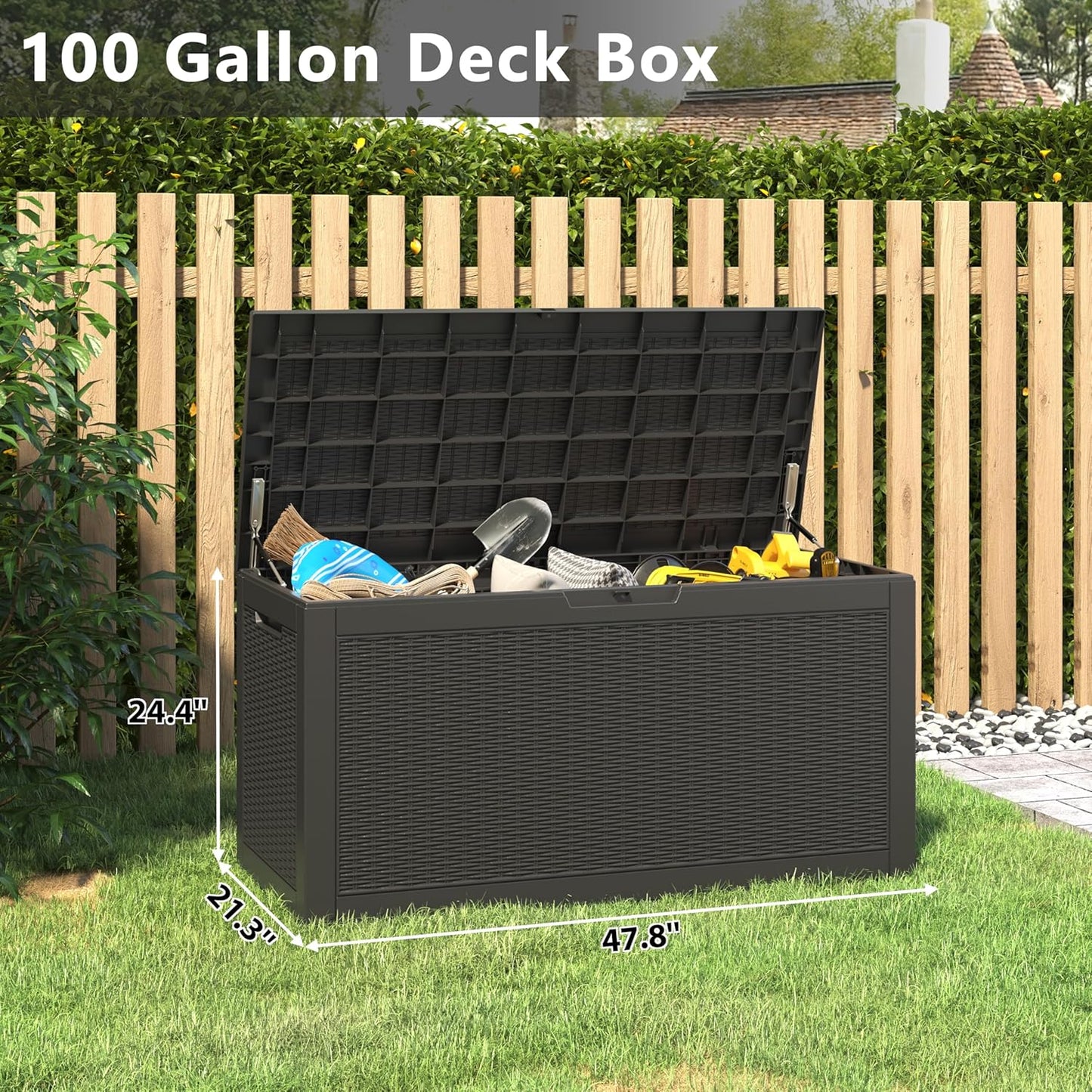 100 Gallon Deck Box Lockable Resin Outdoor Storage Box waterproof Outdoor Container for Patio Furniture Cushions, Pillow