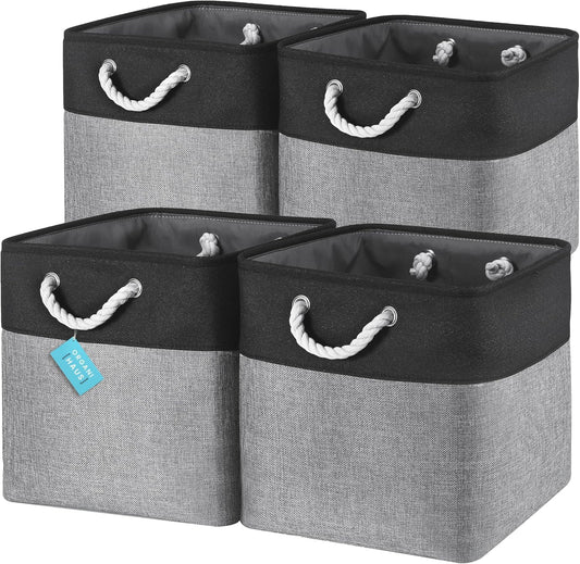 OrganiHaus 13x13 Cube Storage Bins 4 Pack, Foldable Cube Storage Organizer w/ Rope Handles, Collapsible Fabric Bins for Toys, Clothes & Closet Organization, Fabric Square Baskets - Gray/Black