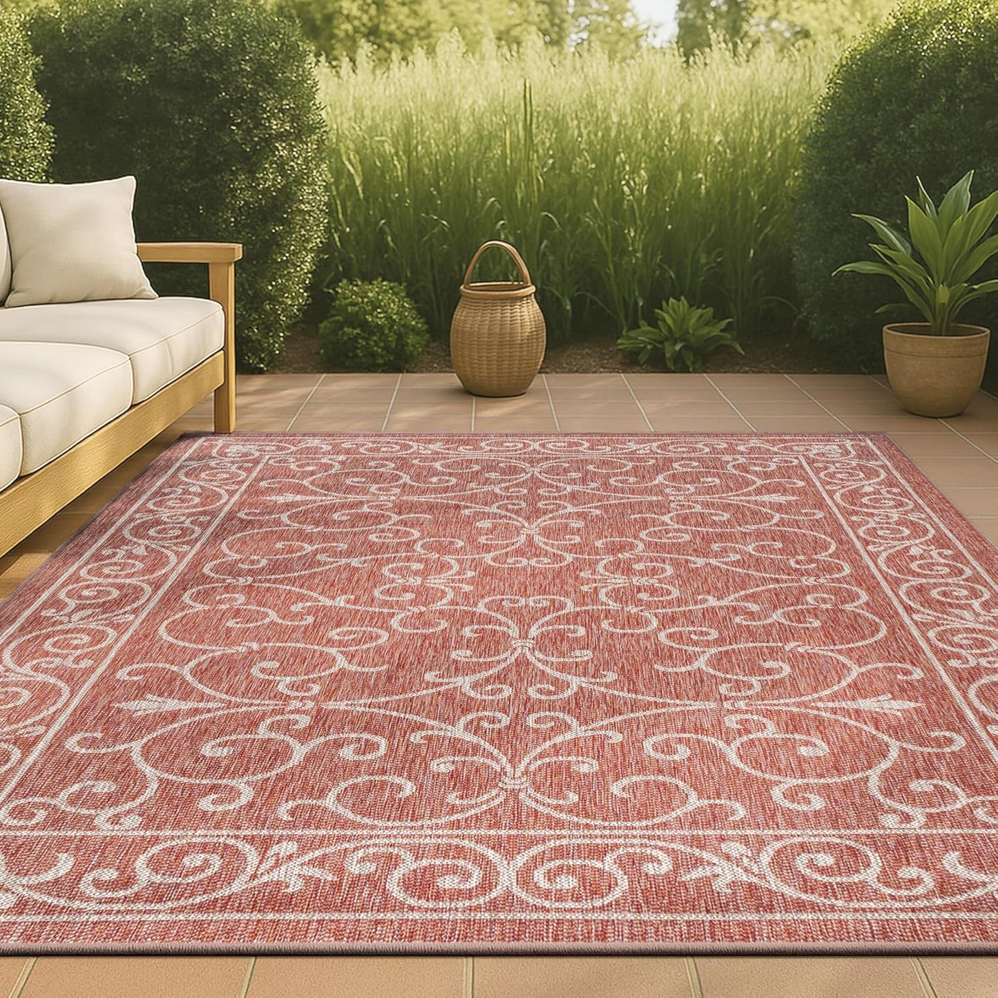 JONATHAN Y Vintage Filigree Indoor Outdoor Area Rug 3X5 Red/Beige, Charleston Textured Weave for Backyard, Patio, Porch, Easy-Cleaning, High Traffic, Pet-Friendly, Non-Shedding (SMB106B-3)