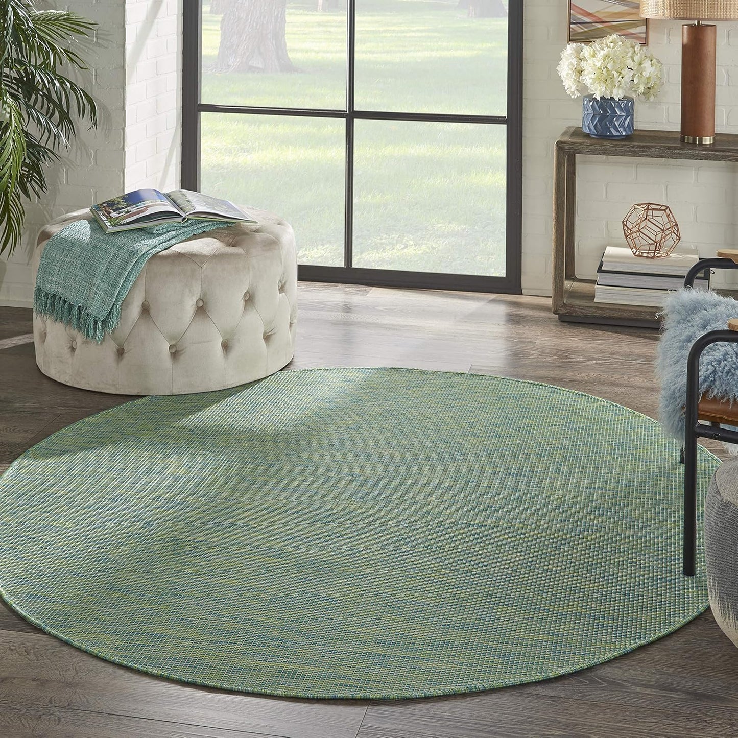 Nourison Positano Indoor/Outdoor Blue/Green 6' x Round Area Rug, Easy Cleaning, Non Shedding, Bed Room, Living Room, Dining Room, Backyard, Deck, Patio (6 Round)