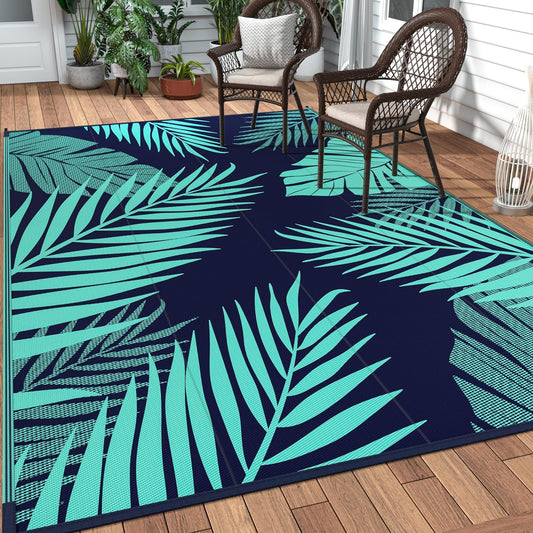 GENIMO Outdoor Rug 6' x 9' Waterproof for Patios Clearance, Reversible Outdoor Plastic Straw Camping Rug Carpet, Large Area Rugs Mats for RV, Camper, Deck, Balcony, Porch, Beach, Navy Blue&Jade Green