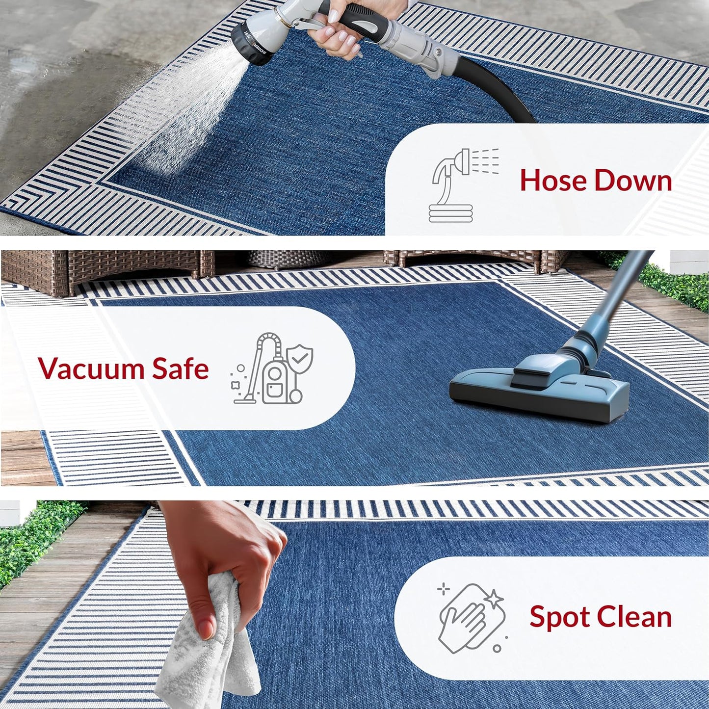 nuLOOM 3'6" x 5' Outdoor Area Rug, Casual Design With Striped Border, Stain Resistant, Highly Durable, For Patio, Balcony, Bedroom, Living Room, Dining Room, Bathroom, Navy