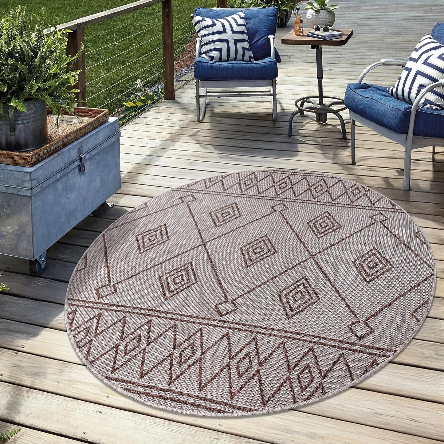 Keen Home Design Terrace Outdoor Round Rug - 8ft Round Washable Indoor/Outdoor Rug for Patio, Kitchen, Balcony, Beach, Garden, Deck and Porch, Size: 7'7" Round