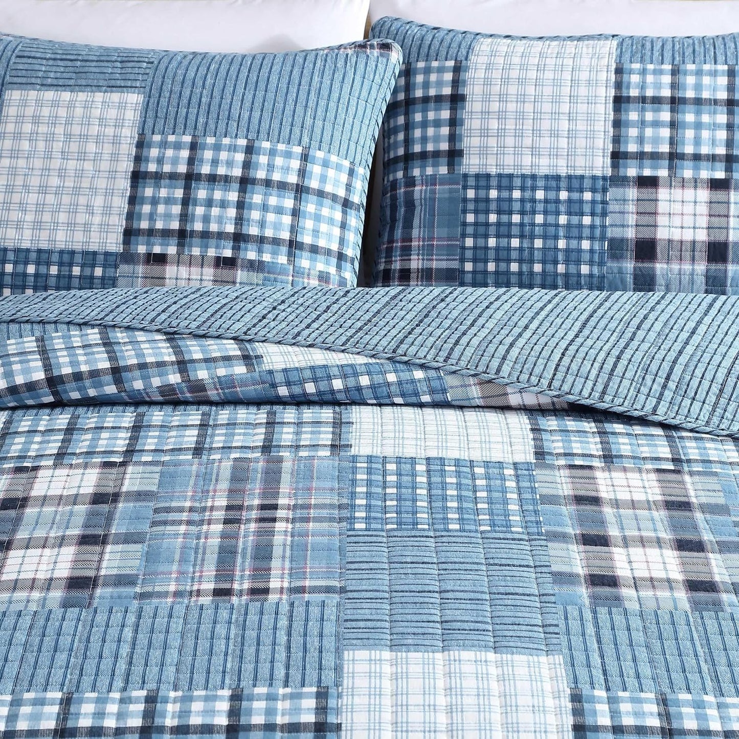 Eddie Bauer - Twin Quilt Set, Reversible Cotton Bedding with Matching Sham, Patchwork Plaid Home Decor (Hawthorne Blue, Twin)