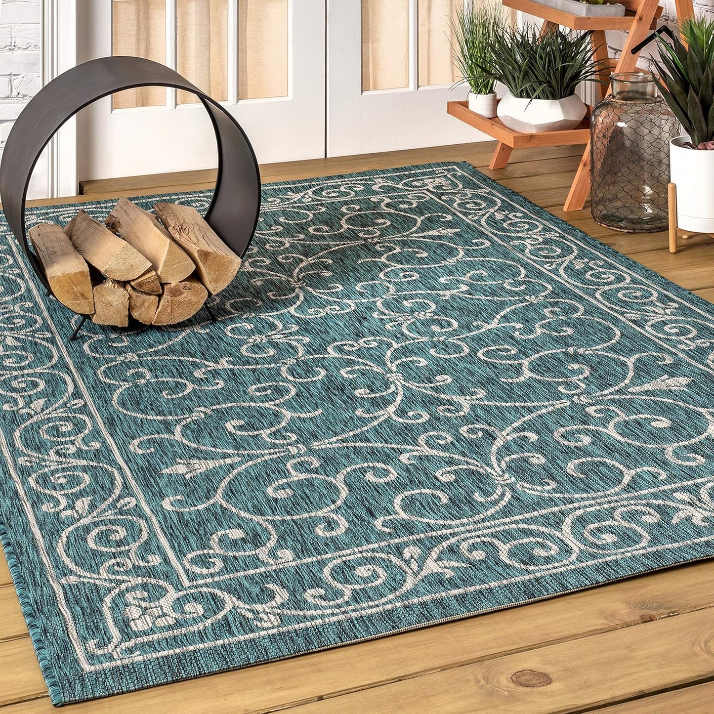 JONATHAN Y Vintage Filigree Indoor Outdoor Area Rug 4X6 Teal/Gray, Charleston Textured Weave for Backyard, Patio, Porch, Easy-Cleaning, High Traffic, Pet-Friendly, Non-Shedding (SMB106F-4)
