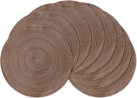 Leetaltree Round Placemats Heat and Slip Resistant Cotton Table Mats, Washable Bohemian Placemats for Dining Tables (Brown, Set of 8)
