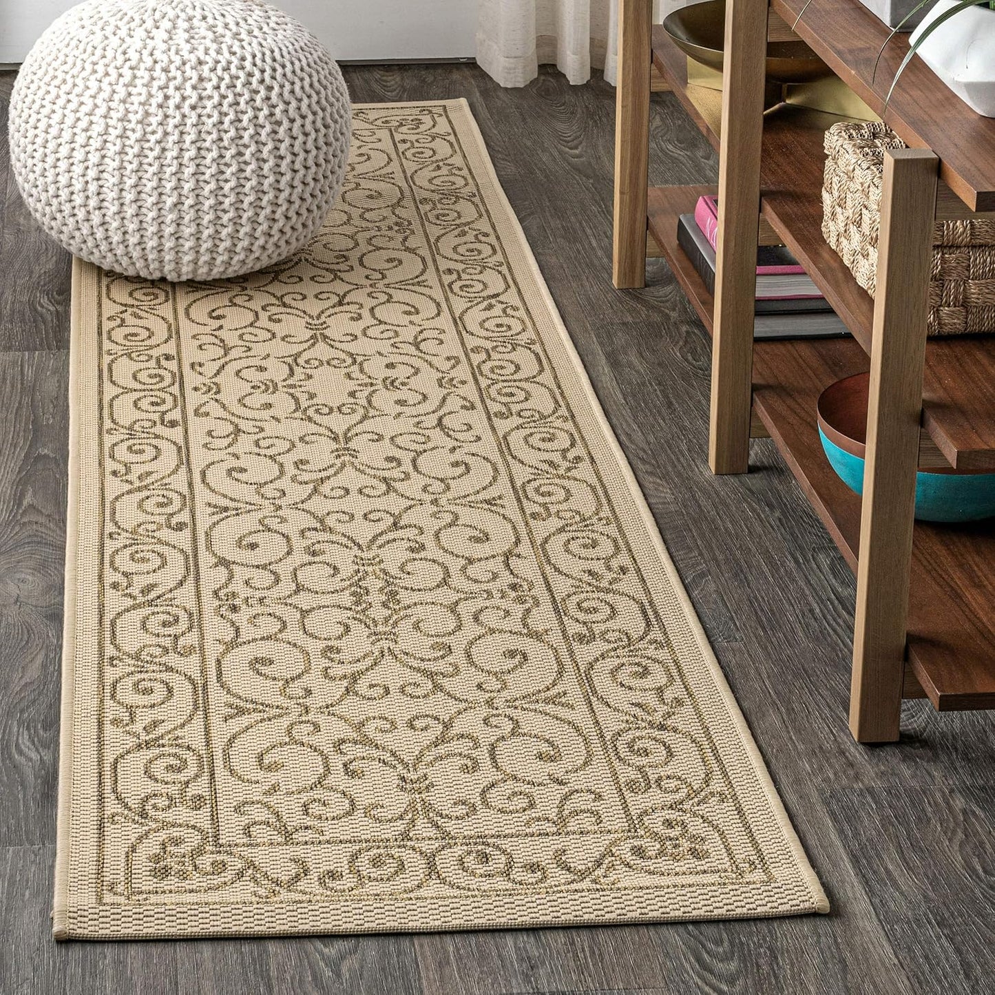 JONATHAN Y Vintage Filigree Indoor Outdoor Runner Rug 2X10 Beige/Brown, Charleston Textured Weave for Backyard, Patio, Porch, Easy-Cleaning, High Traffic, Pet-Friendly, Non-Shedding (SMB106A-210)