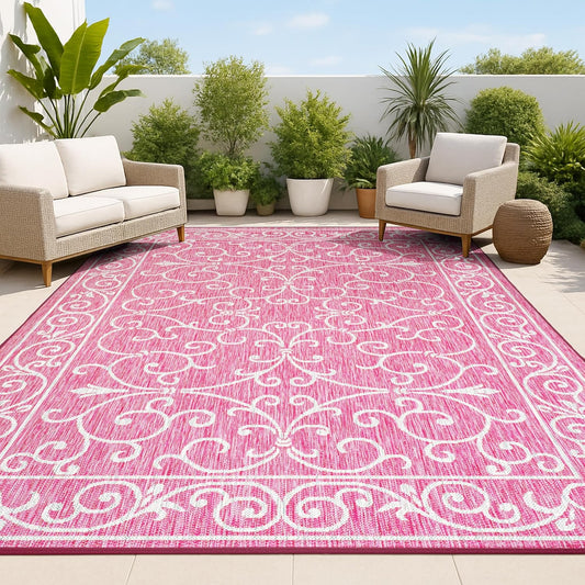 JONATHAN Y Vintage Filigree Indoor Outdoor Area Rug 8X10 Fuchsia/Light Gray, Charleston Textured Weave for Backyard, Patio, Porch, Easy-Cleaning, High Traffic, Pet-Friendly, Non-Shedding (SMB106J-8)